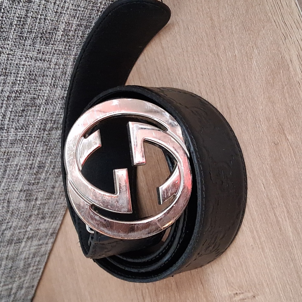 GUCCI Black Leather LOGO Belt with Silver Buckle 100